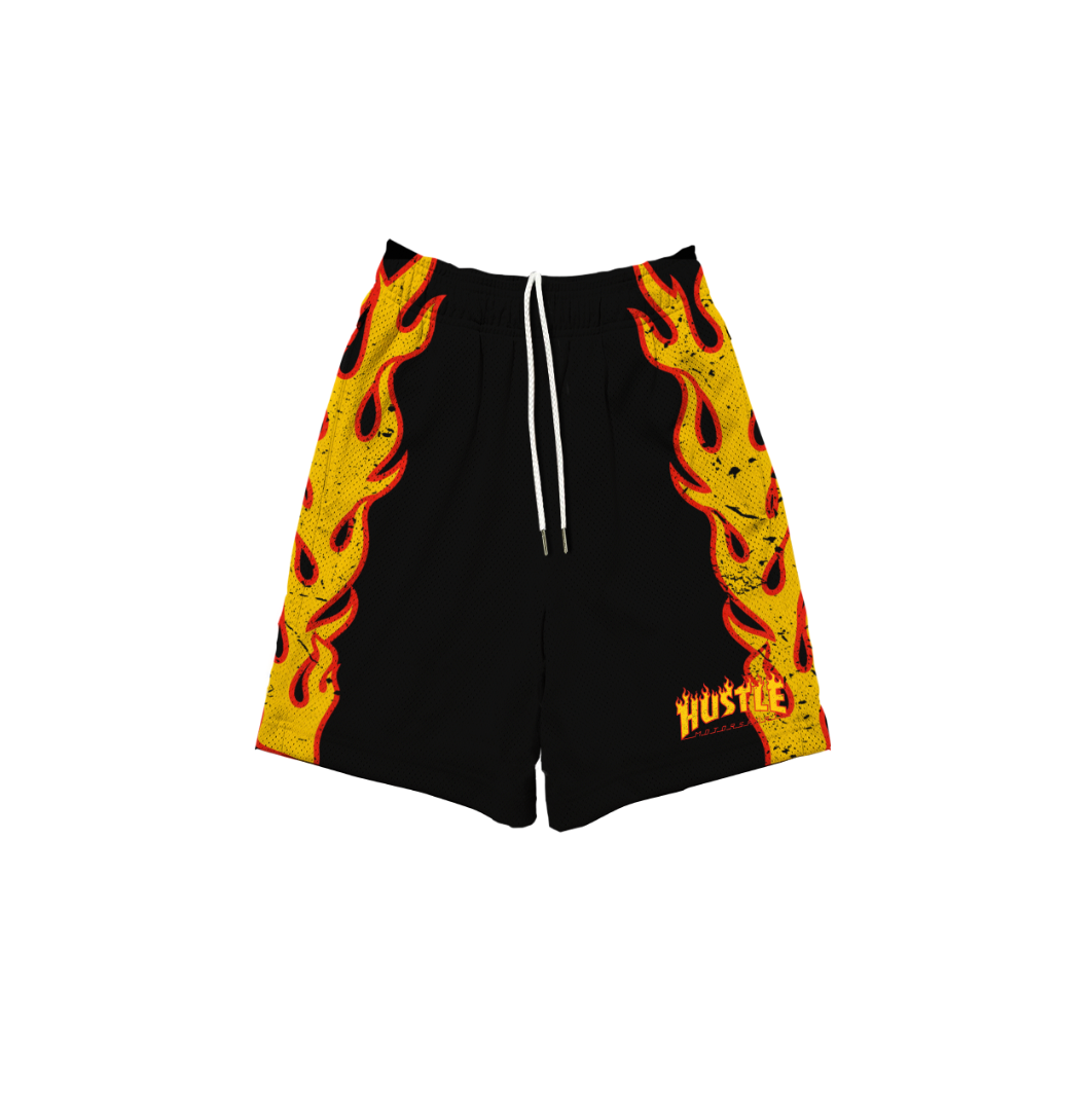 FLAME BLACK LONGLINE MESH SHORTS